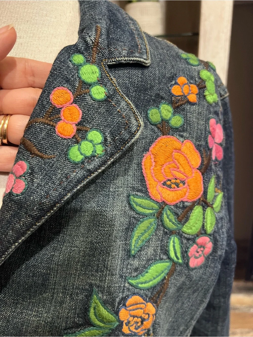 Embroidered Denim Jacket Floral Boho Blue Jean Coat Women’s size 14